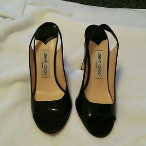 Jimmy Choo Black Patent Slingback Peep Toe Heels